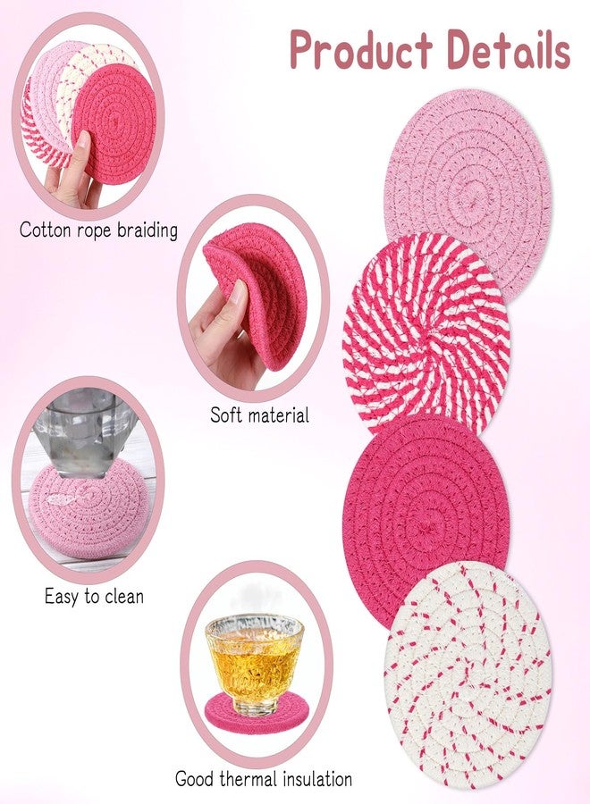 Larrel Pink Woven Coasters, 4.13in/10.5cm Round Pink Coaster for Desk Cute Coasters Set of 4 for Kitchen Dining Coffee Table Desk Accessories Aesthetic - Image 5